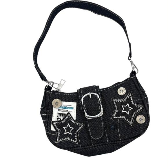 Y2K Fashion Xinnuo Black Denim Star Patch Purse Harajuku Grunge Crescent Stars - Picture 1 of 12